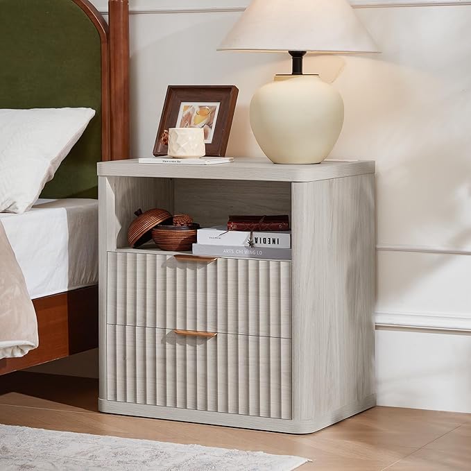 LEYAOYAO Fluted Farmhouse Nightstand Set of 2 with Charging Station, 23" Wide 2 Drawers Night Stand,LightGrey Dresser for Bedroom,Bed Side Table Chest of Drawers,Wood End Table for Living Room