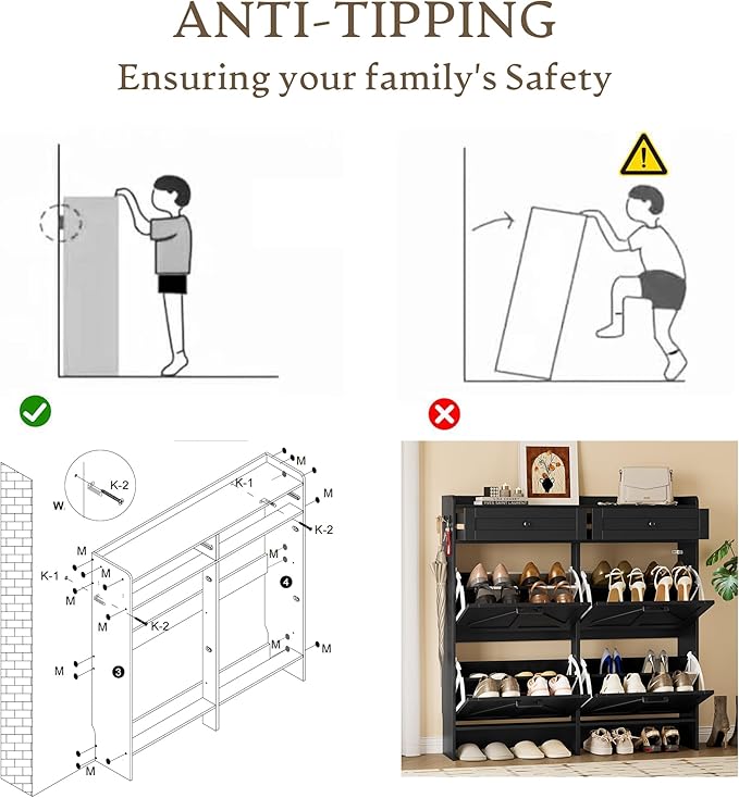 Shoe Storage Cabinet for Entryway, Farmhouse Wide Shoe Cabinet with 4 Flip Drawers and 2 Top Drawers, Freestanding Organizer with Adjustable Shelves, Hooks, and Anti-Tip Kit for Hallway
