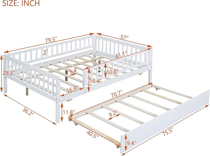 Bellemave Full Size Bed Frames with Rails for Kids, Full daybed Frame with Trundle for Boys/Girls/Adults， White