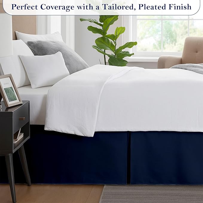 Twin Bed Skirt, Luxury 12 Inch Drop Navy Blue Pleated Bed Skirt, Double Brushed Microfiber, Box Pleat Design, Wrinkle & Fade Resistant, Easy Fit Tailored Bedskirt for Twin Size Beds