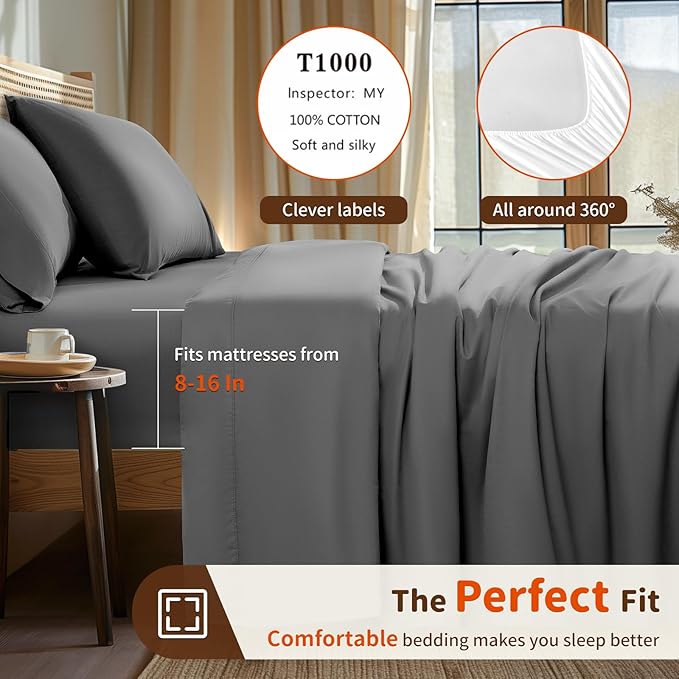 LBRO2M 1000 Thread Count 100% Egyptian Cotton Sheets Set Twin XL, 3 Piece Sets Bed Sheet Deep Pocket Sheet Set 16" Soft Comfortable All Season (Twin XL, Dark Gray)