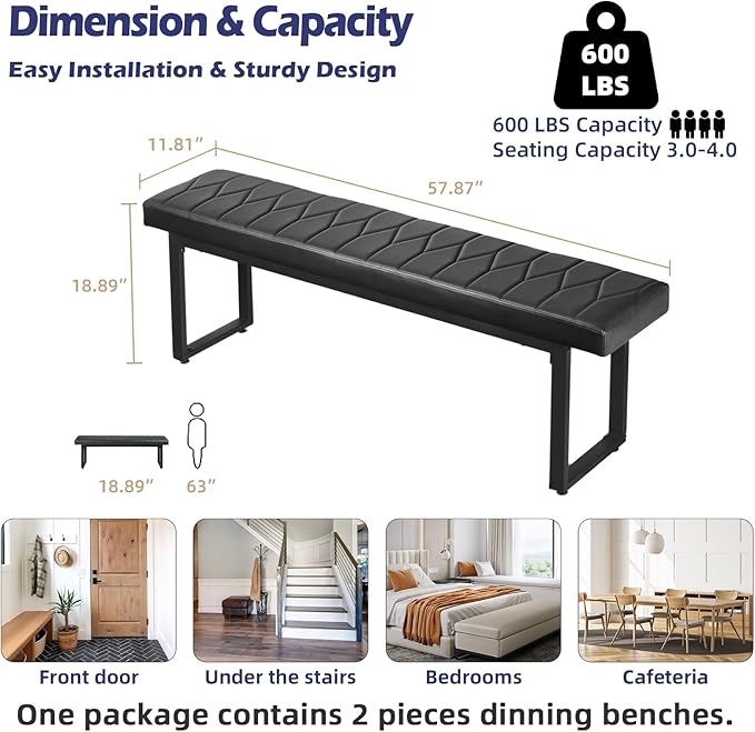 STHOUYN 58” Padded Dining Table Bench Pair of 2 for 6-8 Person, Faux Leather Indoor Cushioned Extra Long Bench for Dining Room Table, Bedside Shoe Entryway Benches (Black, 58")
