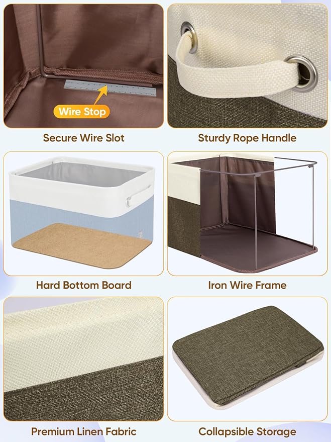 BALEINE 1 Pack Fabric Storage Bins for Shelves, Linen Storage Baskets for Organizing, Decorative Closet Bins for Clothes, Home (Brown, 17''x13''x10.5'')
