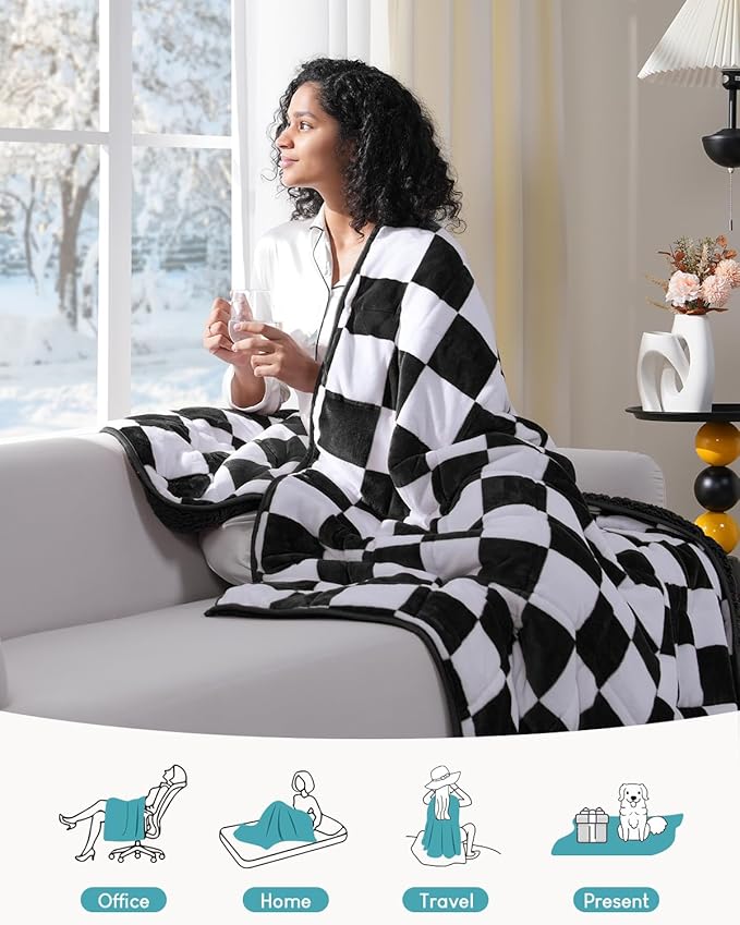 Weighted Blanket for Adults, 10lbs Sherpa Flannel Weighted Blanket Full Size, Soft Fluffy Fleece Checkerboard Weighted Blankets for Calming and Relax, Plaid Black, 48" x 72"