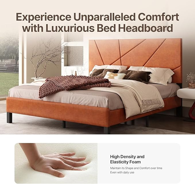 Upholstered Queen Size Platform Bed Frame with Faux Leather Padded Headboard, Sturdy Metal Slats Support, No Box Spring Needed, Vintage Brown