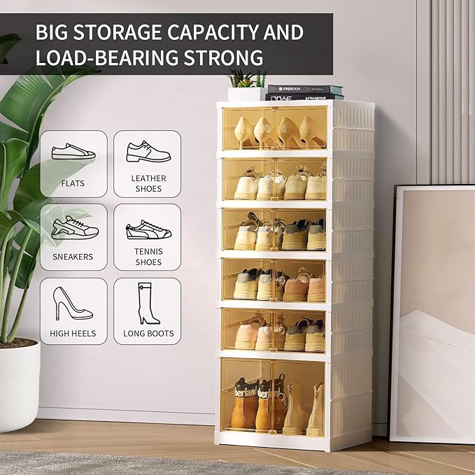 6-Tier Foldable Shoe Rack Organizer for Closet 12Pairs Plastic Shoe Shelf Collapsible Shoes Storage Box Clear Shoe Boxes Stackable with Door Easy Assembly Shoe Cabinet with Lids Large