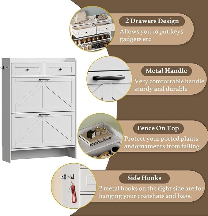 Shoe Storage Cabinet for Entryway, Farmhouse Narrow Shoe Cabinet with 2 Flip Drawers & Top Drawers, Adjustable Shelves & Hooks, Freestanding Hidden Rack Organizer for Hallway, Foyer
