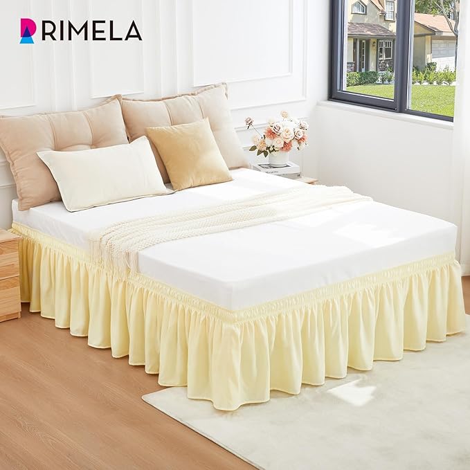 RIMELA Full Bed Skirt 15 Inch Drop, Wrap Around Elastic Bedskirt Solid Microfiber Luxury Hotel Quality Fabric, Easy to Install Machine Washable Wrinkle & Fade Resistant, Beige Yellow