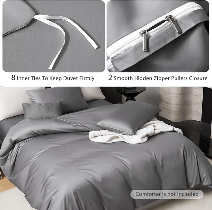 PURE ERA Duvet Cover Set 800 Thread Count Long Staple Cotton Sateen Silky Soft Luxurious Smooth 3 Piece Set Solid Deep Grey Queen