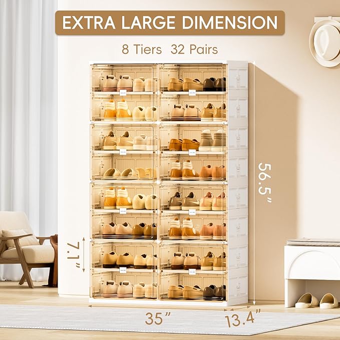 JEKO&JEKO 8 Tiers Foldable Shoe Rack Organizer Cabinet for Closet Entryway, Large Collapsible Shoe Storage Box with Magnetic Doors Fits Up to 32 Pairs (White)