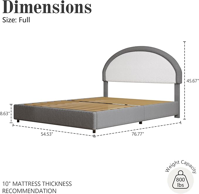 Full Size Bed Frame, Boucle Upholstered Platform Bed Frame with Headboard, Grey Bed Frame, Soft Rounded Corners, No Box Spring Required, Easy Assembly