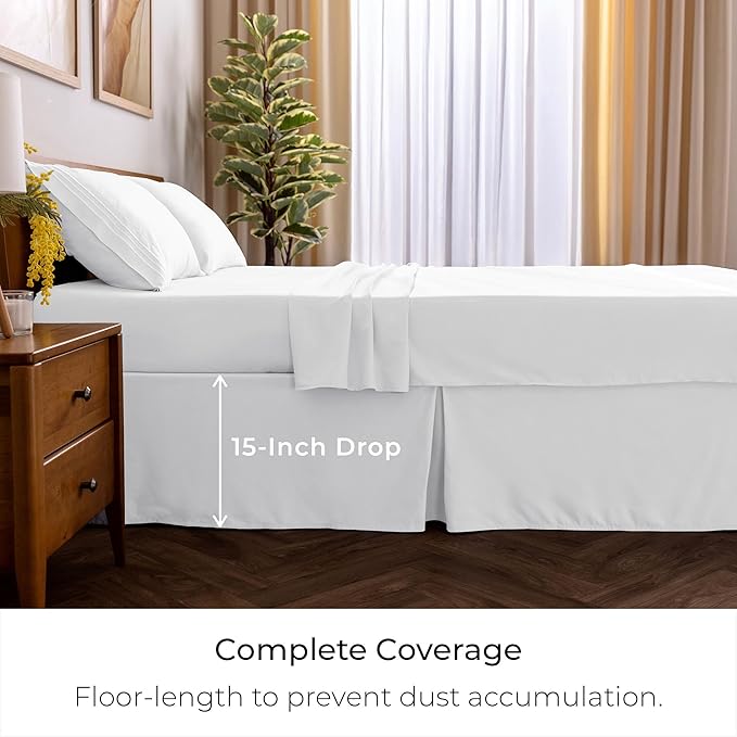 Mellanni Bed Skirt Twin XL Size - Bed Skirting - 15-Inch Tailored Drop Pleated Dust Ruffle - Hotel Luxury Bedding - Wrinkle, Fade, Stain Resistant - 1 Bedskirt (Twin XL, White)