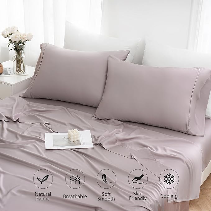 Linen World Queen Size 400TC Cooling Bed Sheet Set - 100% Organically Grown Viscose Sheets, Silky Soft & Breathable, Deep Pocket Fits Up to 16", 4-Piece Sheets with Pillowcases, Mauve