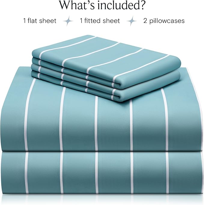 LuxClub 4 PC California King Sheet Set, Deep Pockets Wrinkle Free Cooling Bed Sheets Hotel Bedding for Women, Men, 1 Fitted Sheet, 1 Flat Sheet and 2 Pillowcases-Striped - Light Blue