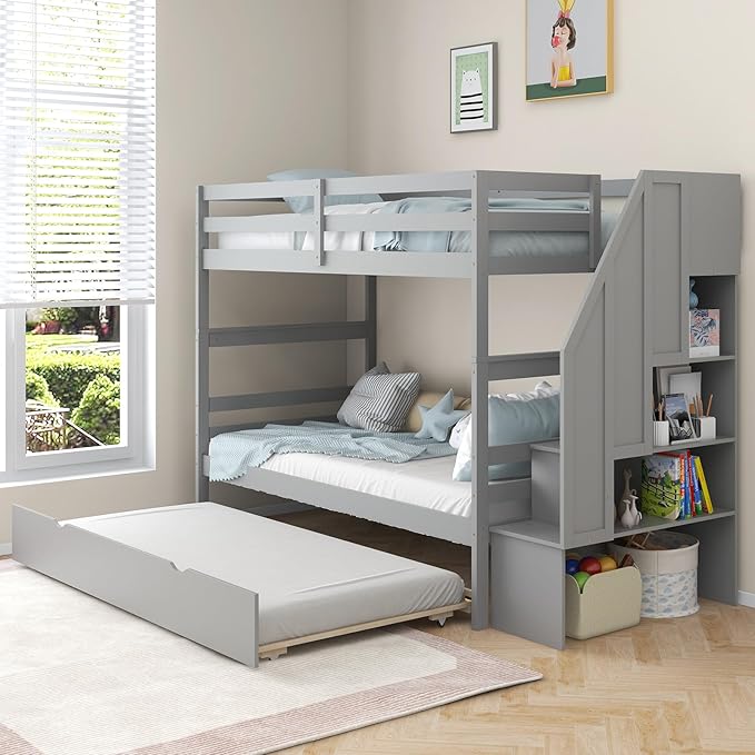 KOTEK Twin Over Twin Bunk Bed with Trundle and Stairs, Solid Wood Bunk Bed Frame with Storage Shelf, Bunk Beds Detachable into 2 Platform Beds for Kids Teens Adults (Grey)