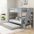 KOTEK Twin Over Twin Bunk Bed with Trundle and Stairs, Solid Wood Bunk Bed Frame with Storage Shelf, Bunk Beds Detachable into 2 Platform Beds for Kids Teens Adults (Grey)