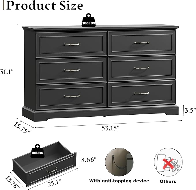 Farmhouse 6 Drawers Dresser for Bedroom, 54" Wide Modern Chest of Drawers with Deep Drawers & Bar Handles, Rustic Wood Dresser TV Stand, Wooden Closet Storage Organizer for Living Room, Hallway, Black