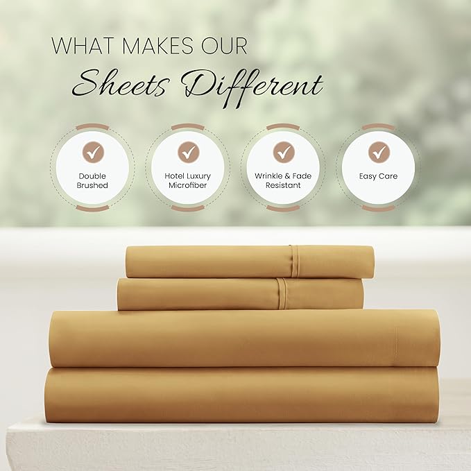 Linen Market Brushed Microfiber King Sheet Set 4 Piece – Oeko-TEX Certified Ultra Soft & Wrinkle-Free - 16" Deep Pocket Sheets - Easy Care King Size - Gold