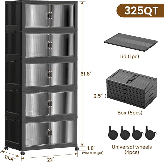 SAILUN 81Gal/325Qt Stackable Storage Bins Folding Collapsible Storage Bins with Lid, Closet Organizers and Storage Box with Door Black 22" W x 13" D x 62" H