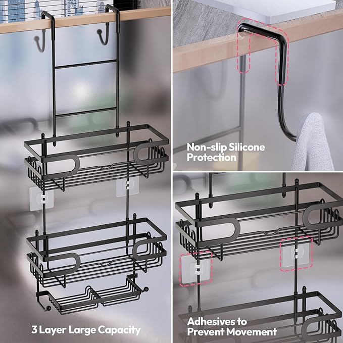 SWTYMIKI Over The Door Shower Caddy With Double Soap Holder, Hanging Shower Caddy With 16 Hooks, No Drilling Hanging Shower Organizer Over Door To Organize Bathroom Essentials, Black