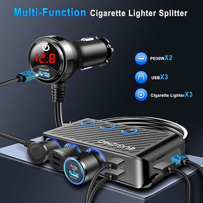 Cigarette Lighter Adapter, 222W 3 Socket Car Cigarette Lighter Plug USB Charger Multi Port 12V Car Plug Outlet Splitter with LED Voltage Display Independent Switches