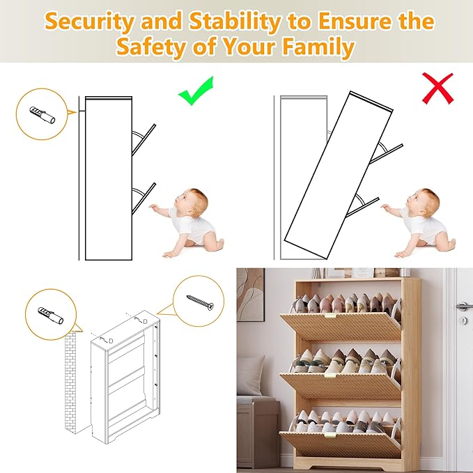 Entryway Shoe Cabinet with 3 Flip Drawers, Narrow Shoe Organizer Cabinet with Fluted Panel and Adjustable Shelves for Foyer, Hallway