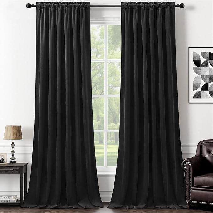 AUSSPVOCT Black Velvet Blackout Curtains 96 Inches for Bedroom, Light Reducing Thermal Curtain Elegant Soft Luxury Room Darkening Window Drapes for Living Room, Back Tab Rod Pocket, W52 x L96, 2 Pcs