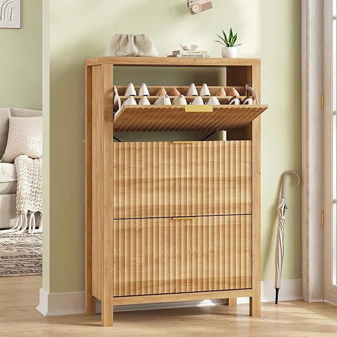 Shoe Cabinet Storage for Entryway, Fluted Shoe Cabinet with 3 Flip Drawers, Hidden Shoe Rack Tall Freestanding Shoe Organizer with Legs for Hallway, Oak