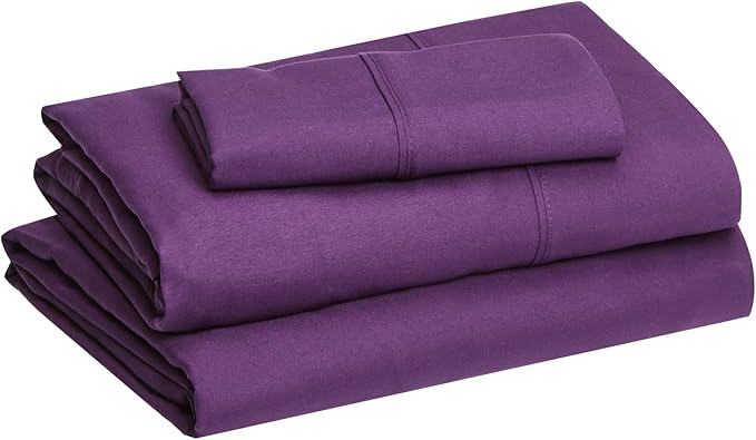 Amazon Basics Lightweight Super Soft Easy Care Wrinkle Free Microfiber 3 Piece Bed Sheet Set with 14-Inch Deep Pockets, Twin, Plum, Solid, Kids, Men & Women Bedding (Pack of 4)