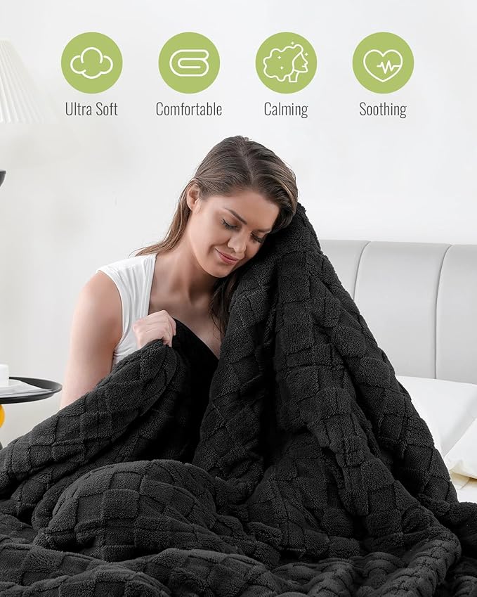 Uttermara Sherpa Fleece Weighted Blanket Full Size(12lbs, 48" x 72", Black), 3D Jacquard Checkered Warm Sherpa Heavy Blanket for Adults, Soft Fuzzy Weighted Blankets for Couch Bed Sofa