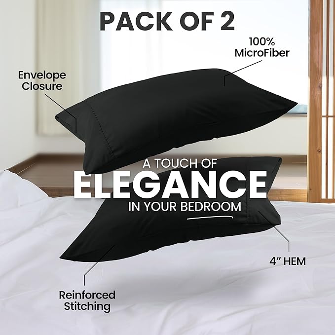 Pillow Covers by Utopia Bedding - King Size 2-Pack – Soft Brushed Microfiber – Perfect for Hospitals, Hotels, Guest Rooms – Oeko-TEX Certified, 20x40 Inches (Black)
