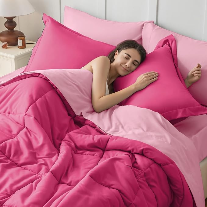 JOLLYVOGUE California King Comforter Set, Ultra-Soft Bed in a Bag 7 Pieces, Oeko-TEX Certified Bedding Set with Down Alternative Comforter, Sheets, Pillowcases & Shams, Hot Pink & Baby Pink