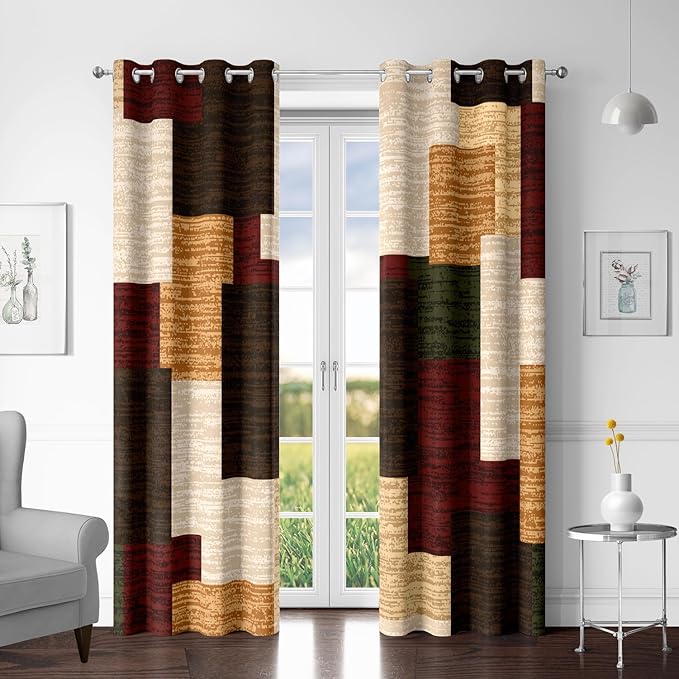 Brown Red Vintage 100% Blackout Curtains for Bedroom 96 inch Length 2 Panels Set Modern Abstract Geometric Black Out Curtains Insulated Room Darkening Window Drapes forLiving Room, 52Wx96L