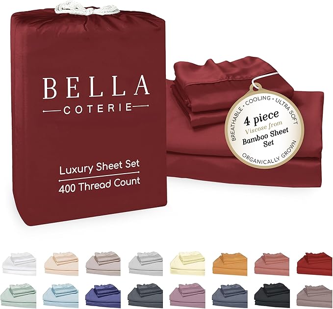 Bella Coterie Luxury Bamboo Viscose Cal King Size Sheet Set | 100% Organically Grown | Ultra Soft | Cooling for Hot Sleepers | 18" Deep Pocket [Merlot]