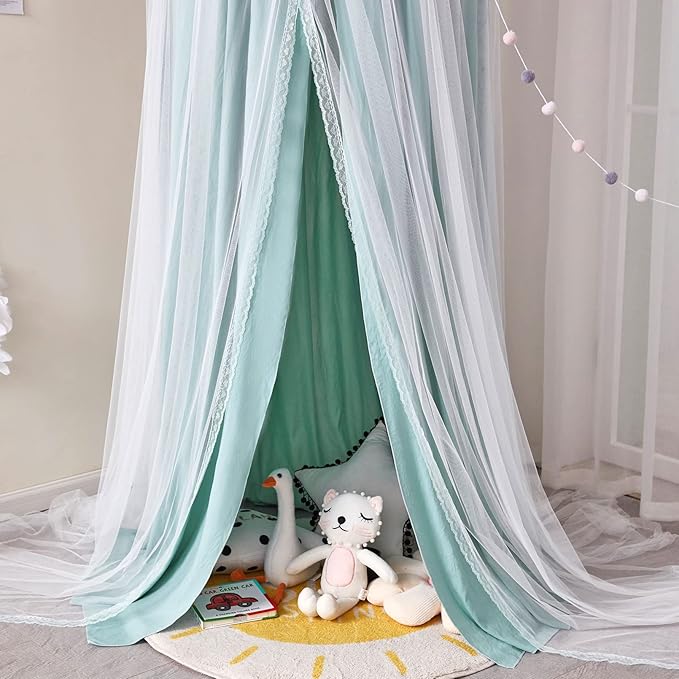 Kertnic 31.5inch Large Dome Bed Canopy for Girls, Double Layer Dreamy Ruffle Princess Canopy, Bedroom Hanging Tent Kids Reading Nook Canopies,Full Queen Bed Canopy Curtain (Green)