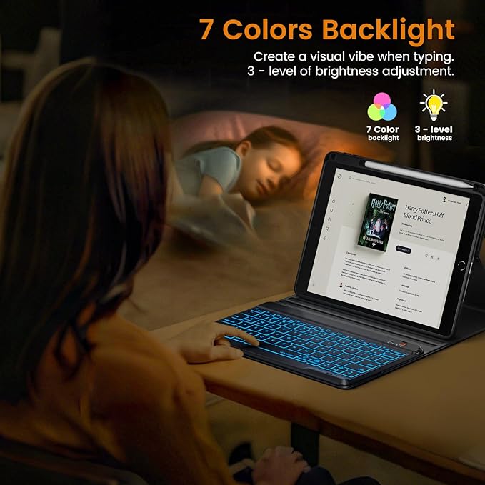 OYEEICE for iPad 9th Generation Case with Keyboard 10.2'' - 7 Color Backlit Wireless Keyboard Cover with Pencil Holder for iPad 9th/8th/7th Gen 10.2 inch, iPad Air 3rd Gen & iPad Pro 10.5" - Black