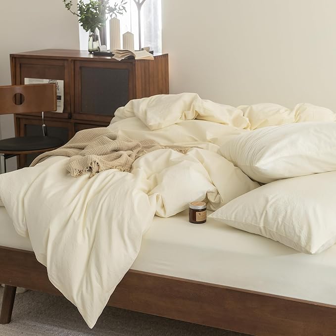FOSSA Duvet Cover Set 100% Washed Cotton Linen Feel Super Soft Breathable Cozy 3 Pieces Bedding Sets Solid Cream White Super King