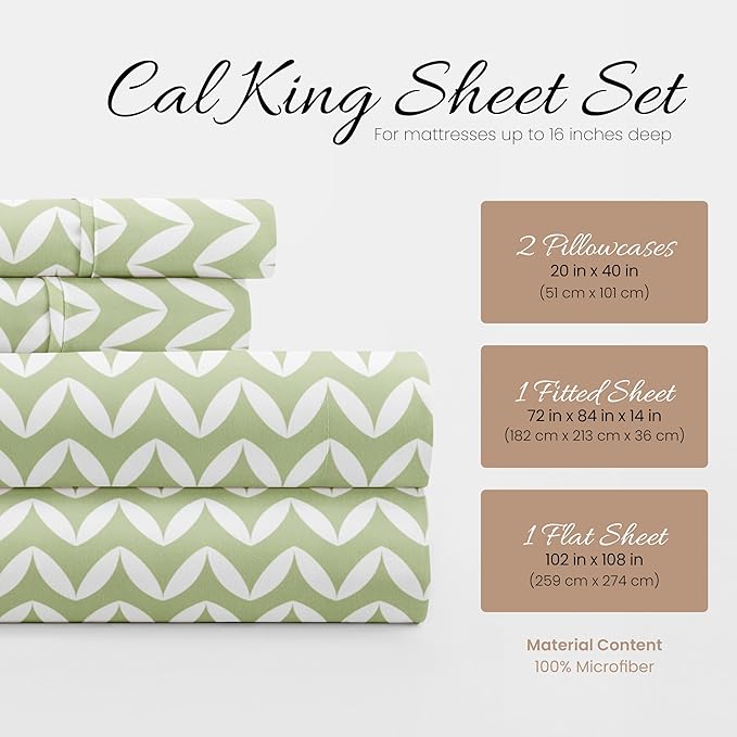 Linen Market Double-Brushed Patterned Microfiber California King Sheet Set 4 Piece – OEKO-TEX Certified Ultra Soft & Wrinkle-Free - 16" Deep Pocket Sheets Easy Care Cal-King Size - Puffed Chevron Sage