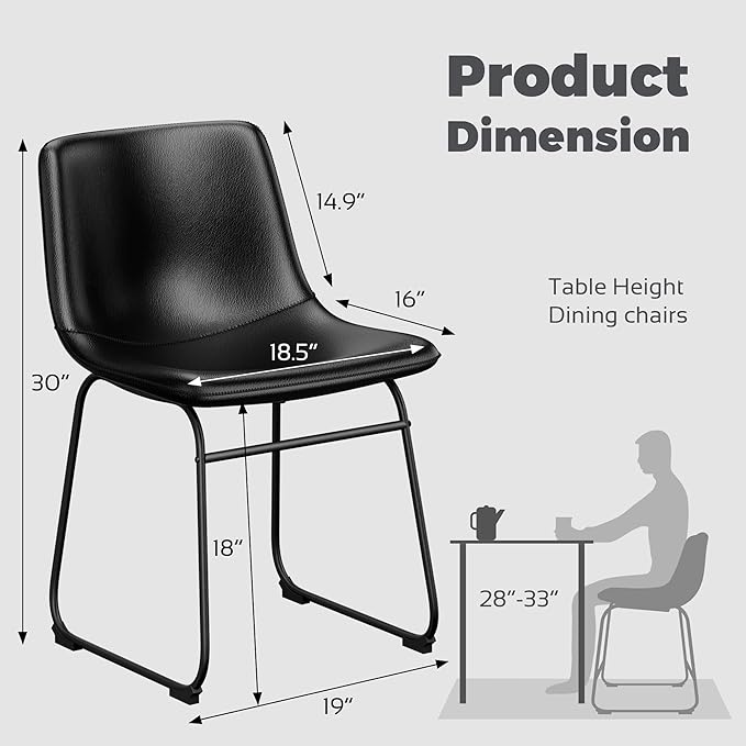 Dining Chairs Set of 2, 18 Inch Faux Leather Kitchen Dining Chairs with Back, Modern Armless Dining Room Chair with Metal Legs for Home Bistro Coffee Shops (Black)