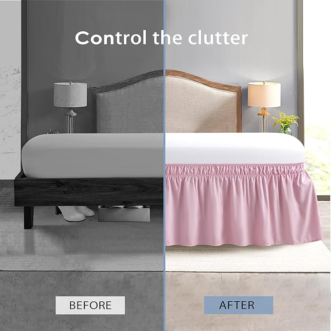 FreshCulture Elastic Wrap Around Bed Skirt - Queen Size, Easy Fit with 15-Inch Tailored Drop, Hotel Quality Dust Ruffle in Dusty Pink