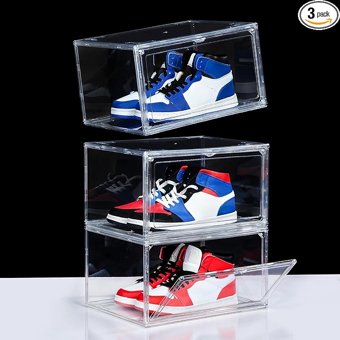 NYZE 3 Pack Acrylic Shoe Boxes Side Open, Clear Shoe Box Plastic Stackable, Shoe Storage Organizer with Magnetic Door, Shoe Display Shoe Containers with Lids Fits Up to Size 15