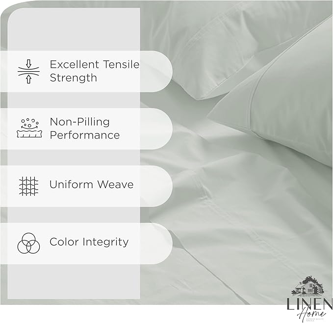Linen Home 100% Cotton Percale Sheets Full Size, Dove Grey, Deep Pocket, 4 Pieces Set - 1 Flat, 1 Deep Pocket Fitted Sheet and 2 Pillowcases, Crisp Cool and Strong Bed Linen