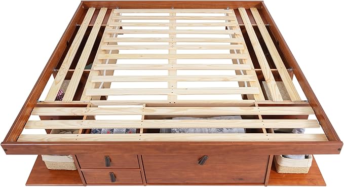 memomad Bali Storage Platform Bed with Drawers (King Size, Caramel Brown Wood)