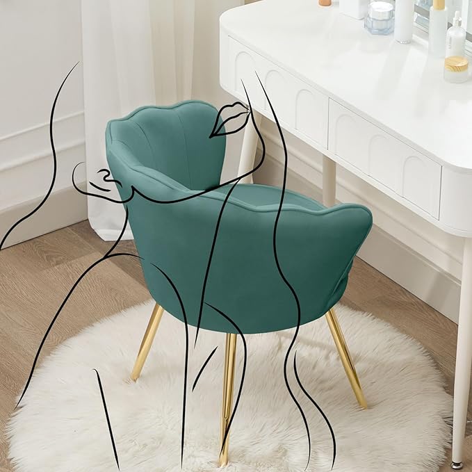 Velvet Vanity Chair with Back, Mid-Century Modern Small Accent Chair for Living Room, Golden Metal Legs Upholstered Makeup Chair, 1Pcs Bedroom Armchair, Dark Green