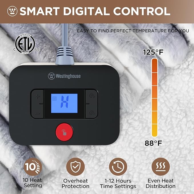 Westinghouse Electric Blanket Queen Size, Soft Luxury Faux Fur & Sherpa Heated Blanket with 10 Heating Levels & 1-12 Hours Auto Off, Fast Heating Blanket, Machine Washable, 84x 90 Inch Blue Gray