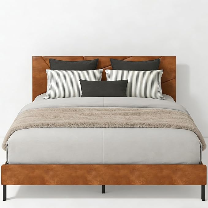 Upholstered Queen Size Platform Bed Frame with Faux Leather Padded Headboard, Sturdy Metal Slats Support, No Box Spring Needed, Vintage Brown