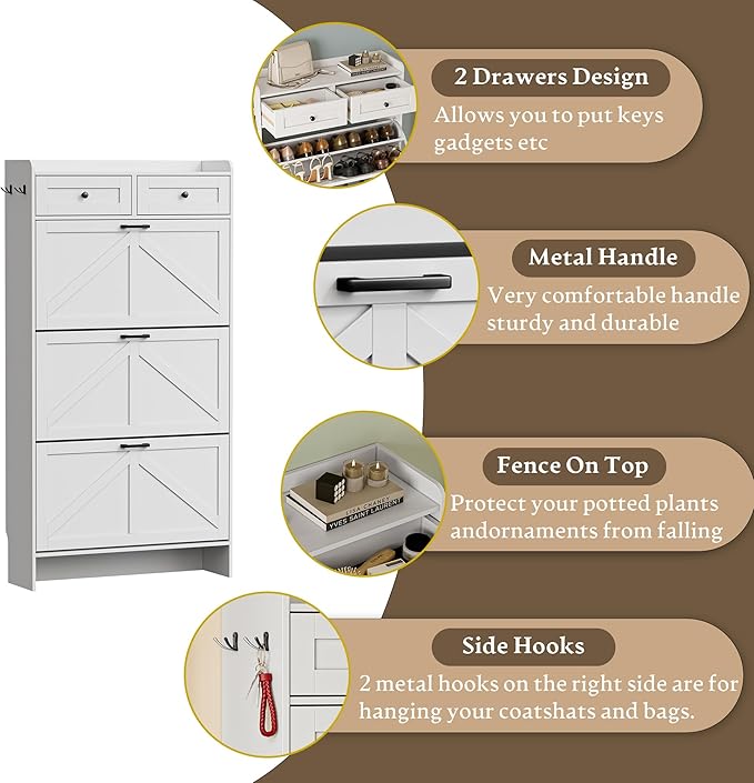 Shoe Storage Cabinet for Entryway, Farmhouse Narrow Shoe Cabinet with 3 Flip Drawers & 2 Top Drawers, Adjustable Shelves & Hooks, Freestanding Hidden Rack Organizer for Hallway, Foyer