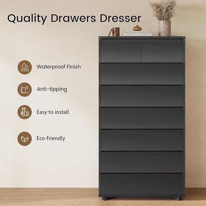 Black Tall Dresser for Bedroom, 61.1" Tall Dresser with 8 Drawers, Wood Dressers & Chests of Drawers, Accent Upright Drawer Organizers for Closet, Hallway