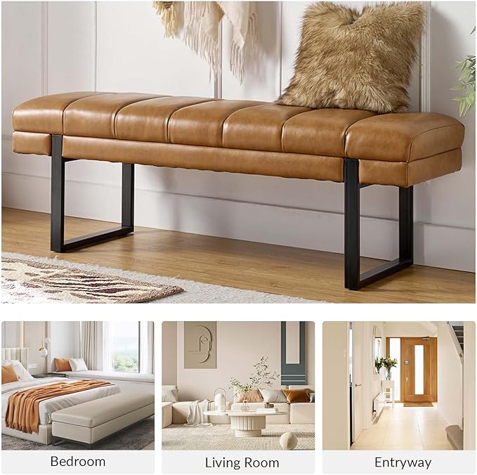 HULALA HOME 53" Faux Leather Entryway Bench, Button Tufted End of Bed Bench Ottoman for Bedroom, Living Room with Metal Base,Camel