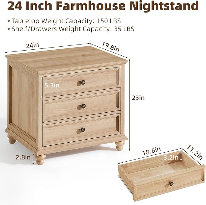 24" Wide Farmhouse Night Stand Set of 2,Large End Table with 3 Drawers & Metal Handle,Natural Wood Dresser for Bedroom Cabinet, Bed Side Table Chest of Drawers,Nightstand for Living Room